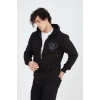 Erkek 3 İplik Pamuklu Fermuarlı Kapüşonlu Kanguru Cepli Baskılı Hoodie Hırka Sweatshirt - Siyah