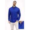 Erkek KETEN Kumaş Oversize Uzun Kollu Rahat Kalıp Gömlek - Saks Mavisi