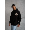 Erkek 3 İplik Pamuklu Kapüşonlu Baskılı Cepli Oversize Sweatshirt Hoodie - Siyah
