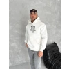 Erkek Kapüşonlu Kanguru Cepli Sweatshirt 3 İplik Pamuklu Baskılı Hoodie - Beyaz