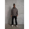 Erkek 3 İplik Pamuklu Kapüşonlu Baskılı Cepli Oversize Sweatshirt Hoodie - Gri