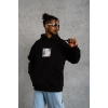 Erkek 3 İplik Pamuklu Kapüşonlu Baskılı Cepli Oversize Sweatshirt Hoodie - Siyah