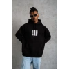 Erkek 3 İplik Pamuklu Kapüşonlu Baskılı Cepli Oversize Sweatshirt Hoodie - Siyah