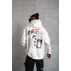 Erkek 3 İplik Pamuklu Kapüşonlu Baskılı Cepli Oversize Sweatshirt Hoodie - Beyaz