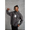 Erkek 3 İplik Pamuklu Kapüşonlu Baskılı Cepli Oversize Sweatshirt Hoodie - Gri
