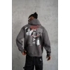 Erkek 3 İplik Pamuklu Kapüşonlu Baskılı Cepli Oversize Sweatshirt Hoodie - Gri