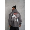 Erkek 3 İplik Pamuklu Kapüşonlu Baskılı Cepli Oversize Sweatshirt Hoodie - Gri