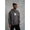 Erkek 3 İplik Pamuklu Kapüşonlu Baskılı Cepli Oversize Sweatshirt Hoodie - Gri
