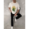 Erkek Kısa Kol Yazlık Tişört Bisiklet Yaka Baskılı Oversize T-Shirt - Beyaz