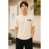 Erkek Ön Ve Arka Tokyo Kuş Çiçek Baskılı Oversize T-Shirt - Ekru