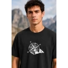 Erkek Outdoor Pusula Dağ Baskılı Kısa Kollu Oversize T-Shirt - Siyah