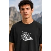 Erkek Outdoor Pusula Dağ Baskılı Kısa Kollu Oversize T-Shirt - Siyah