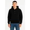 Erkek Ovarsize Kapüşonlu Swetshirt Kanguru Çepli Cıtcıtlı 3 iplik Şardonlu Hoodie - Siyah