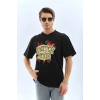 Erkek Kısa Kol Yazlık Tişört Bisiklet Yaka Baskılı Oversize T-Shirt - Siyah