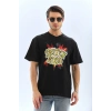 Erkek Kısa Kol Yazlık Tişört Bisiklet Yaka Baskılı Oversize T-Shirt - Siyah