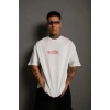 Erkek Oversize Tişört – Beyaz 24/1 Penye Kumaş, Bisiklet Yaka, Ön & Arka Baskılı, Streetwear Tarzı Rahat Büyük Kalıp T-Shirt- Beyaz