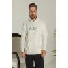 Erkek Kapüşonlu Kanguru Cepli Sweatshirt 3 İplik Pamuklu Baskılı Hoodie - Beyaz