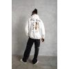 Erkek Oversize Üç İplik Şardonlu Kapüşonlu Sweatshirt – Beyaz “Other Lives” Ön ve Arka Baskılı, Kanguru Cepli, Ribanalı Rahat Kışlık Model Beyaz