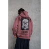 Erkek 3 İplik Pamuklu Kapüşonlu Baskılı Cepli Oversize Sweatshirt Hoodie - Gül Kurusu
