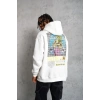 Erkek 3 İplik Pamuklu Kapüşonlu Baskılı Cepli Oversize Sweatshirt Hoodie - Beyaz