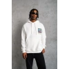 Erkek 3 İplik Pamuklu Kapüşonlu Baskılı Cepli Oversize Sweatshirt Hoodie - Beyaz