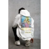 Erkek 3 İplik Pamuklu Kapüşonlu Baskılı Cepli Oversize Sweatshirt Hoodie - Beyaz