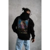 Erkek 3 İplik Pamuklu Kapüşonlu Baskılı Cepli Oversize Sweatshirt Hoodie - Siyah