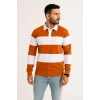 Erkek Polo Yaka Uzun Kollu Çizgili Sweatshirt Trend Rugby Stil - Turuncu