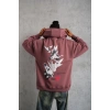 Erkek Şapkalı Güvercin Baskılı Kapşonlu Sweat - Gül Kurusu
