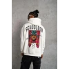 Erkek 3 İplik Pamuklu Kapüşonlu Baskılı Cepli Oversize Sweatshirt Hoodie - Beyaz