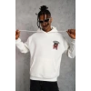 Erkek 3 İplik Pamuklu Kapüşonlu Baskılı Cepli Oversize Sweatshirt Hoodie - Beyaz