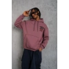 Erkek 3 İplik Pamuklu Kapüşonlu Baskılı Cepli Oversize Sweatshirt Hoodie - Gül Kurusu