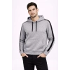 Erkek Şeritli Kapüşonlu Sweatshirt Oversize 3 iplik Pamuklu Hoodie - Gri