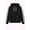 Erkek Şeritli Kapüşonlu Sweatshirt Oversize 3 iplik Pamuklu Hoodei - Siyah