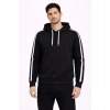 Erkek Şeritli Kapüşonlu Sweatshirt Oversize 3 Iplik Pamuklu - Siyah
