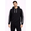 Erkek Şeritli Kapüşonlu Sweatshirt Oversize 3 iplik Pamuklu Hoodei - Siyah