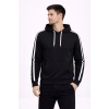 Erkek Şeritli Kapüşonlu Sweatshirt Oversize 3 iplik Pamuklu - Siyah