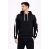 Erkek Şeritli Kapüşonlu Sweatshirt Oversize 3 Iplik Pamuklu - Siyah