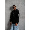 Erkek 3 İplik Pamuklu Kapüşonlu Kanguru Cepli Baskılı Oversize Hoodie Sweatshirt - Siyah