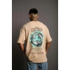 Erkek Kısa Kol Yazlık Tişört Bisiklet Yaka Baskılı Oversize T-Shirt - Bej