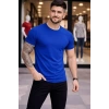 Erkek T-Shirt Bisiklet Yaka Slim Fit dar kesim Likralı Tişört Günlük Basic Body - Saks Mavisi