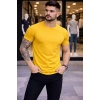 Erkek T-Shirt Bisiklet Yaka Slim Fit dar kesim Likralı Tişört Günlük Basic Body - Sarı