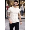 Erkek T-Shirt Bisiklet Yaka Slim Fit dar kesim Likralı Tişört Günlük Basic Body - Taş