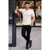 Erkek T-Shirt Bisiklet Yaka Slim Fit dar kesim Likralı Tişört Günlük Basic Body - Taş