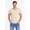 Erkek T-Shirt V Yaka Slim Fit dar kesim Likralı Tişört Günlük Basic Body - Taş