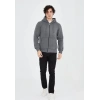 Erkek 3 İplik Pamuklu Kapüşonlu Tam Fermuarlı Cepli Hoodie Sweatshirt - Füme