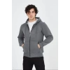 Erkek 3 İplik Pamuklu Kapüşonlu Tam Fermuarlı Cepli Hoodie Sweatshirt - Füme