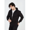 Erkek 3 İplik Pamuklu Kapüşonlu Tam Fermuarlı Cepli Hoodie Sweatshirt - Siyah