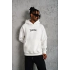Erkek 3 İplik Pamuklu Kapüşonlu Baskılı Cepli Oversize Sweatshirt Hoodie - Beyaz