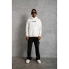 Erkek 3 İplik Pamuklu Kapüşonlu Baskılı Cepli Oversize Sweatshirt Hoodie - Beyaz